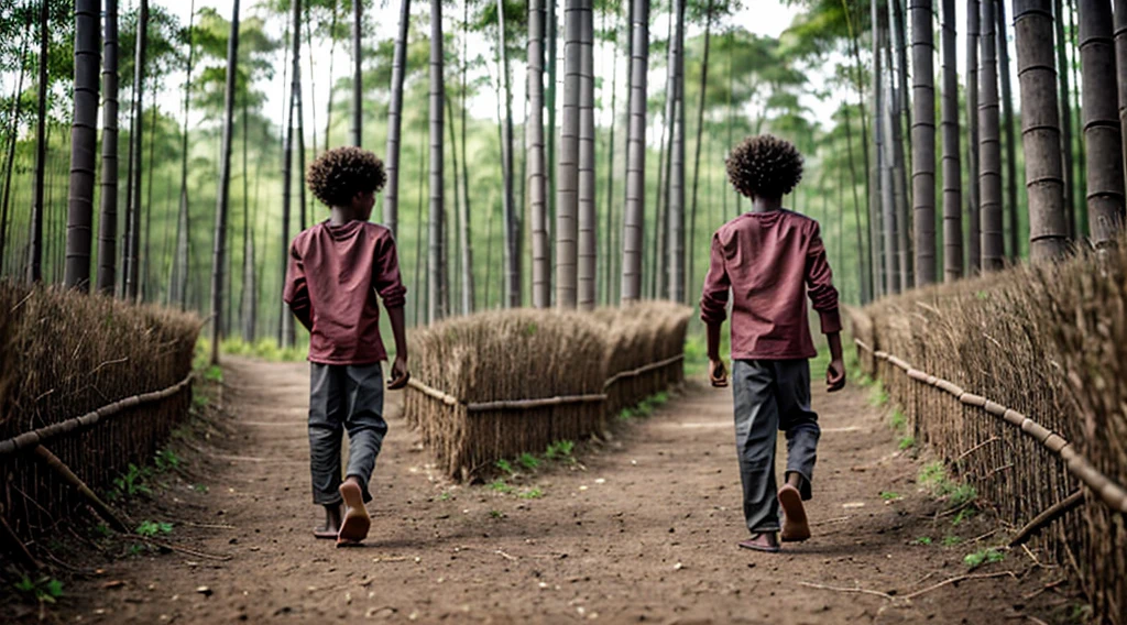 Image of a black male quilombola boy, 12 years old - wears a faded dark gray long-sleeved shirt - no print - short curly curly hair - wears faded matte red pants - alone runs on the grass - DOES NOT wear shoes - bare feet - has his back to the camera alone inside the forest - narrow ground steps barefoot on the floor of the bamboo forest -