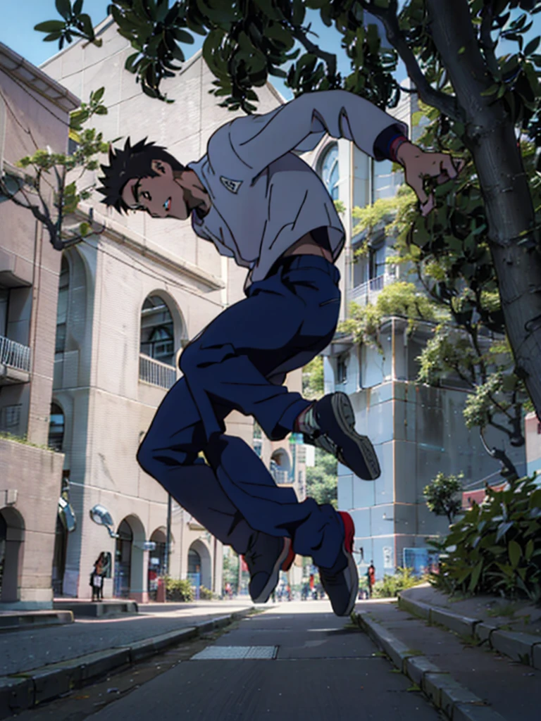 anime boy doing parkour en árboles, face forward in perspective. anime boy doing parkour, in a natural environment, jumping between trees, jumping and landing towards the camera, with the branches of a tree, front face, fast and very agile boy, happy and excited