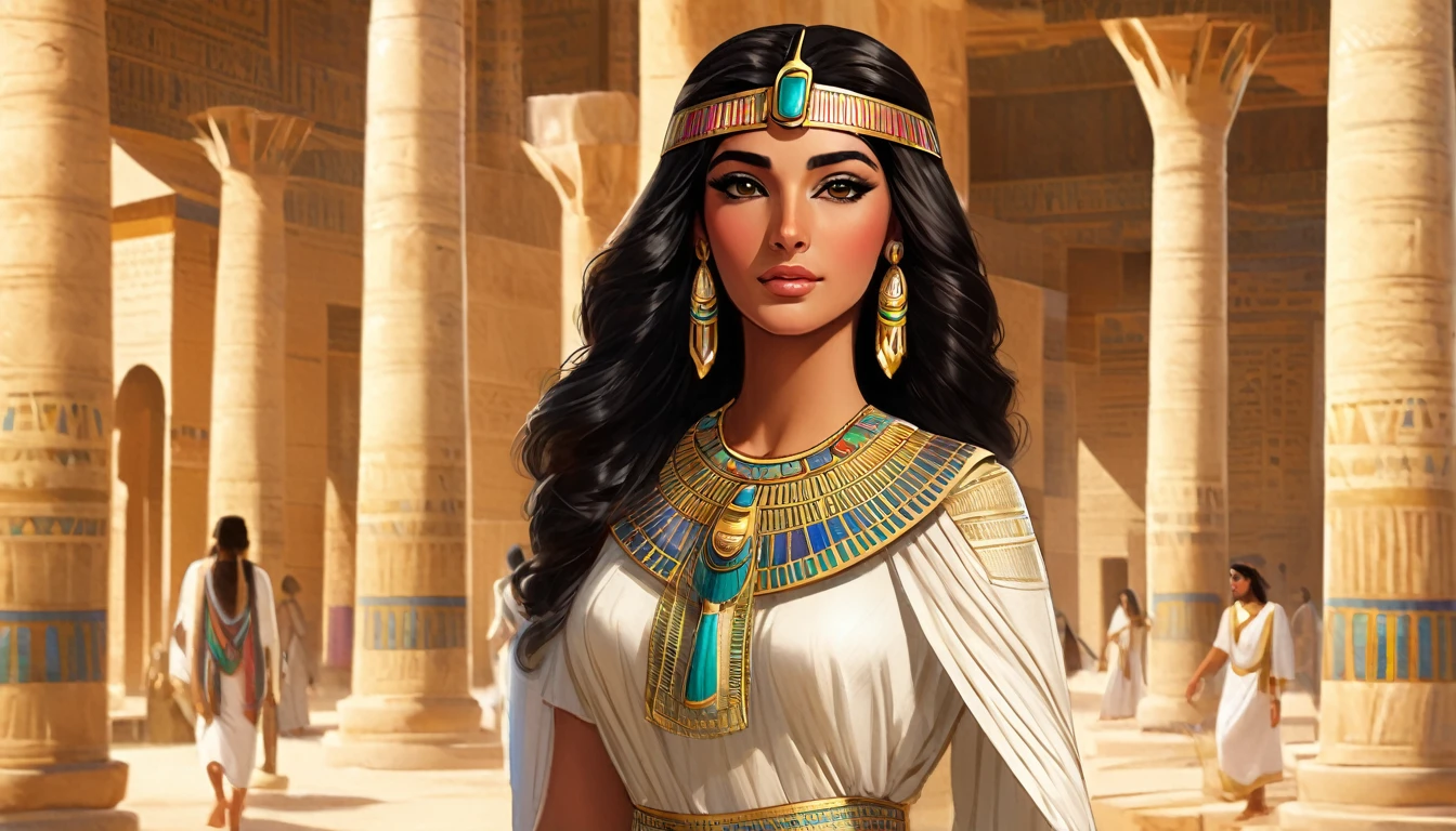 An Egyptian princess from anciant egypt , walking through a luxurious palacein in her late s or early twenties, with olive skin, dark hair, modest dress, long sleevs