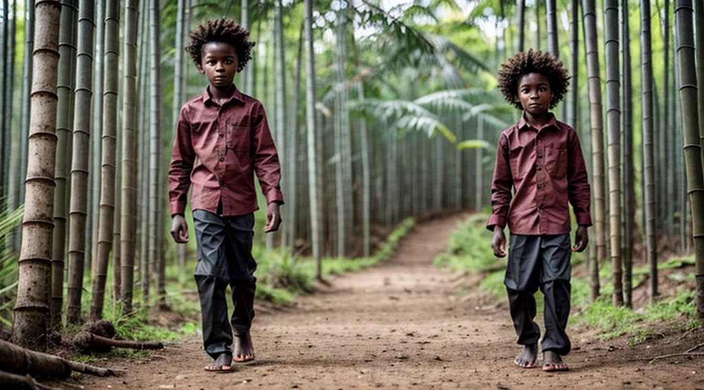 Image of a black male quilombola boy, - wears a faded dark gray long-sleeved shirt - no print - short curly curly hair - wears faded matte red pants - alone runs on the grass - DOES NOT wear shoes - bare feet - has his back to the camera alone inside the forest - narrow ground steps barefoot on the floor of the bamboo forest -