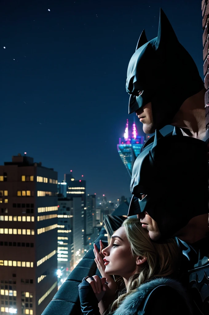 Batman kissing Elsa on a rooftop of a building at night