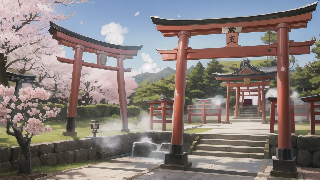 There is an open-air bath behind the shrine. Lots of steam, torii gate, cherry blossom tree, background only