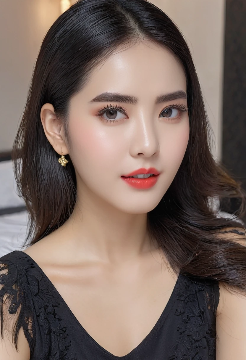 8K, best quality, head of'artwork, Ultra haute résolution, (realism: 1.4), photo originale, (texture de peau réaliste: 1.3), (film grain: 1.3), (Selfie Angle), 1 fille, Beautiful eyes and facial details, head of'artwork, best quality, photo de tout le corps, regarde le spectateur, long straight red messy bob, tetas grandes, subtle makeup with eyeliner, embarrassed smile, harnais en cuir et hotpants en latex, Photographie de rue