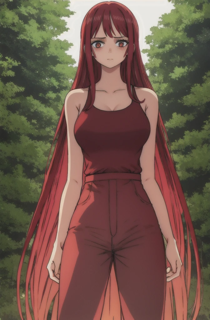 masterpiece, best quality), intricate details, 1 girl, woman, (long red hair), straw hat, Shanks, shanks \(one piece\), scar on face, (long hair) wearing t shirt and pant ((solo)) (black eyes) (detailed eyes)) (female focus) (looking towards viewer) ((standing infront of a forest)) ((long hair)) (blushing) ((ver shy)) (strawhat) ((shot from front)) ((shy pose)) ((very good lighting)) ((red colour hair)) ((she is mature)) ((high detailed)) ((upper body))
...