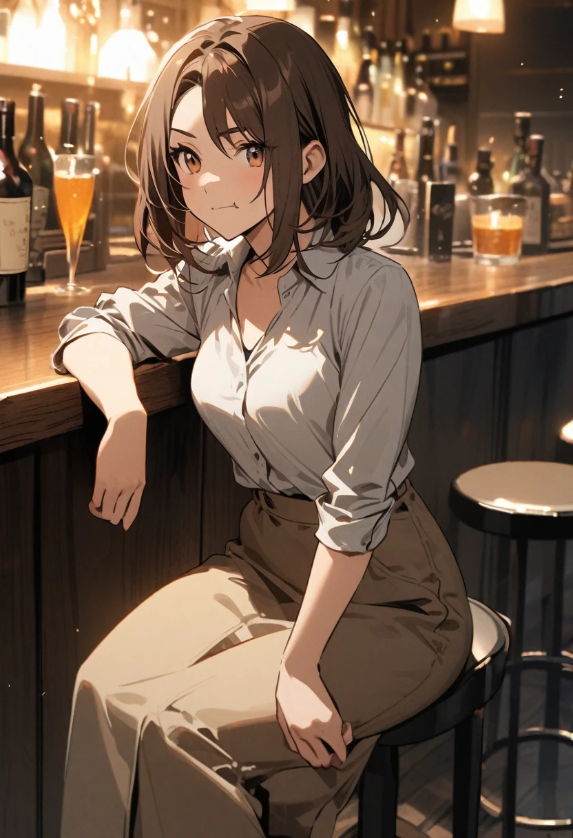 Italian girl with short brown hair, angular chin, sitting at a bar table