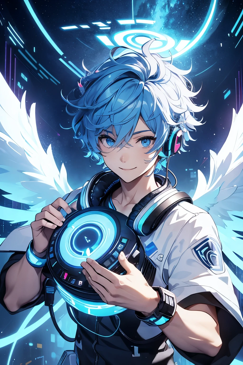 male angel with curly blue hair, light blue eyes, headphones, DJ outfit, holding synthesizer, flying with big wings, big halo, smiling showing teeth.