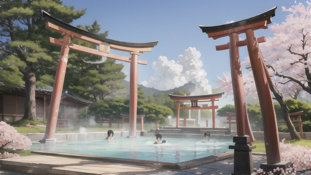 Cute art style, open-air bath, small torii gate, hot spring, illustration, background only