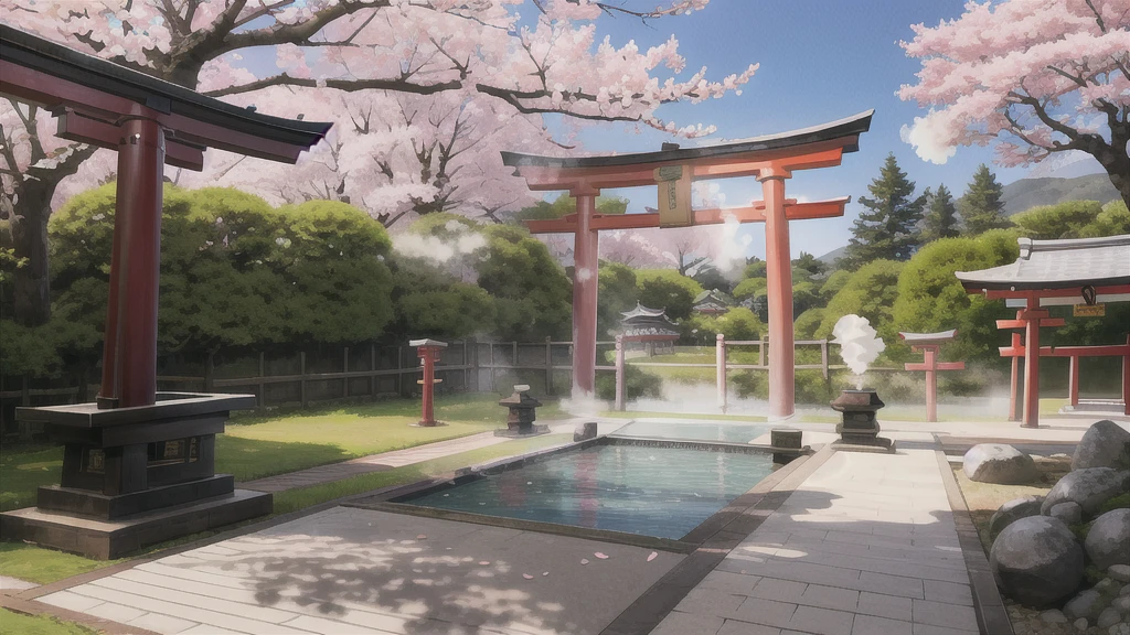 There is an open-air bath behind the shrine. Lots of steam, torii gate, cherry blossom tree, background only