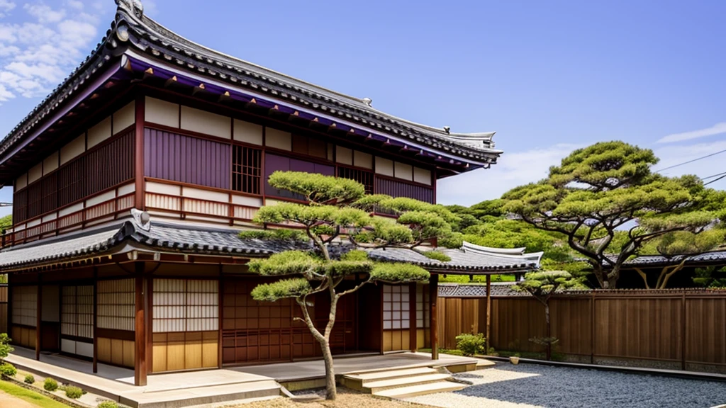 a Japanese house and in the background a sky with shades of purple