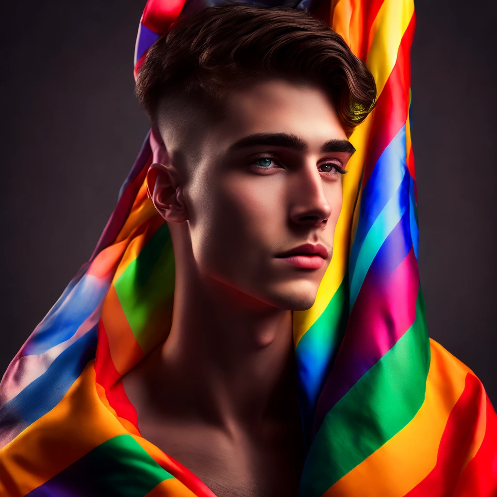 a beautiful young gay man with colorful pride flag, dramatic lighting, highly detailed, 8k, masterpiece