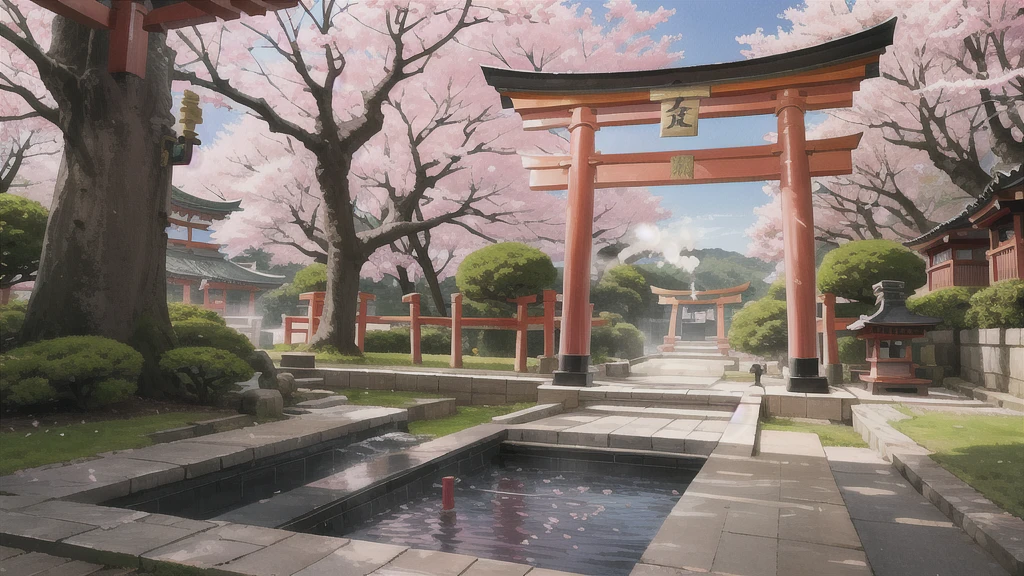 There is an open-air bath behind the shrine. Lots of steam, torii gate, cherry blossom tree, background only