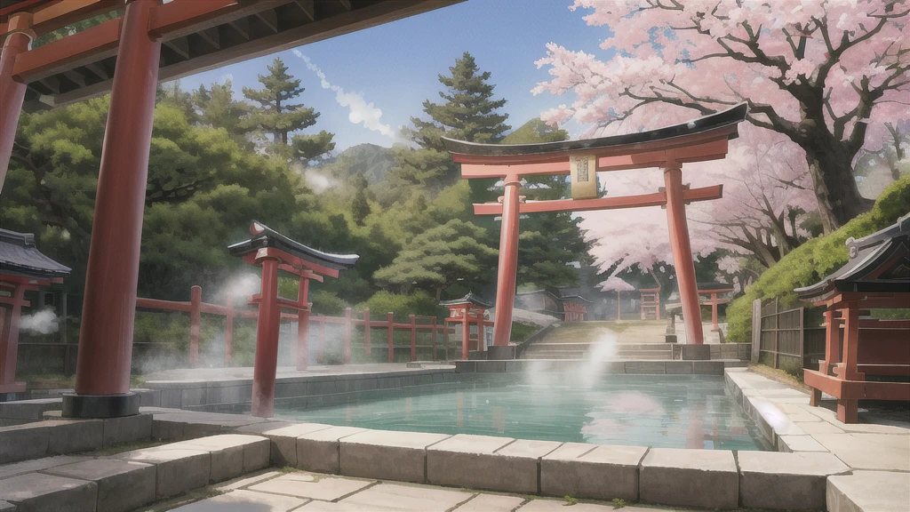 There is an open-air bath behind the shrine. Lots of steam, torii gate, cherry blossom tree, background only