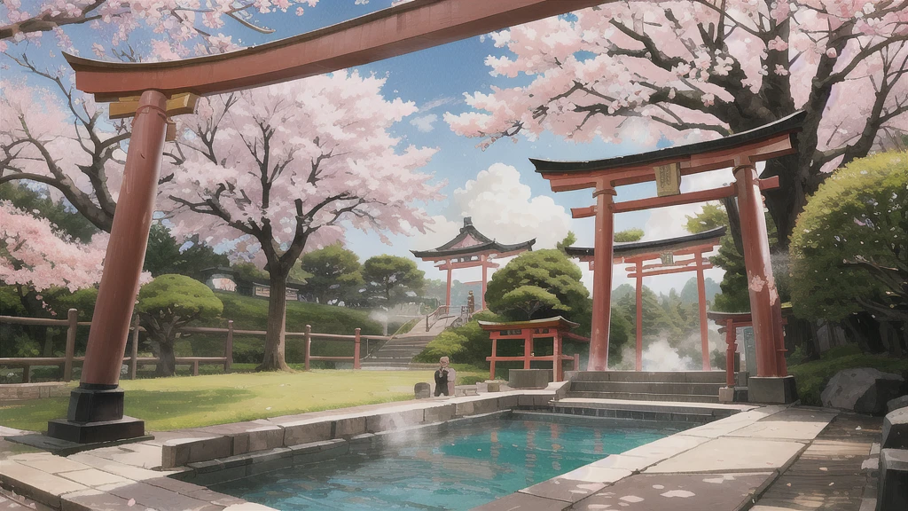 There is an open-air bath behind the shrine. Lots of steam, torii gate, cherry blossom tree, background only