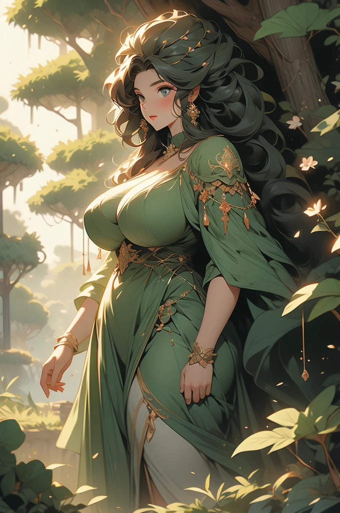 1girl, voluptuous, colossal, giant, tall, 9000 meters tall, dryad, tree