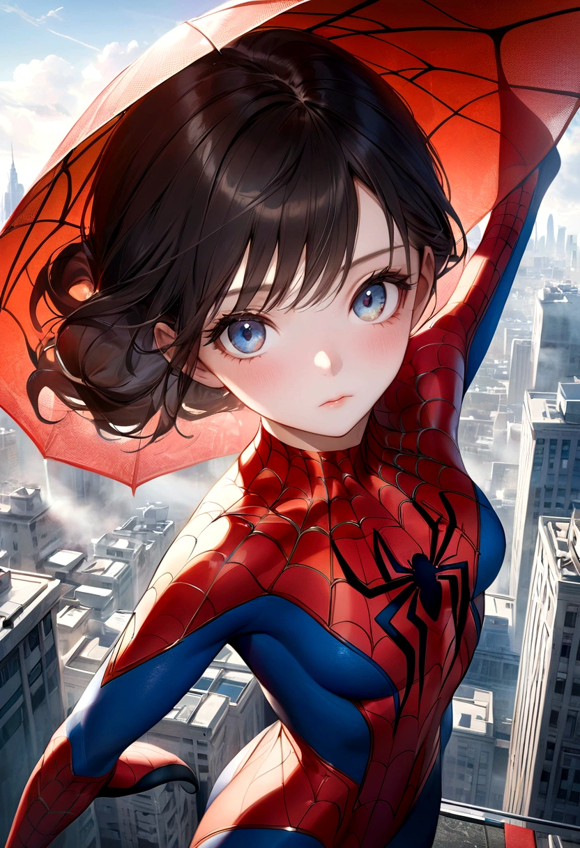 (1girl:1.3), Solo, (((Very detailed face)))), ((Very detailed eyes and face)))), Beautiful detail eyes, Body parts__, Official art, Unified 8k wallpaper, Super detailed, beautiful and beautiful, beautiful, masterpiece, best quality, original, masterpiece, super fine photo, best quality, super high resolution, realistic realism, sunlight, full body portrait, amazing beauty, dynamic pose, delicate face, vibrant eyes, (from the front), She wears Spider-Man suit, red and black color scheme, spider, very detailed city roof background, rooftop, overlooking the city, detailed face, detailed complex busy background, messy, gorgeous, milky white, highly detailed skin, realistic skin details, visible pores, clear focus, volumetric fog, 8k uhd, DSLR, high quality, film grain, fair skin, photo realism, lomography, futuristic dystopian megalopolis, translucent