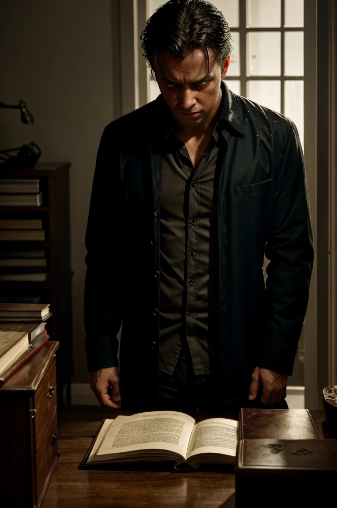 Setting: A dark, stormy evening. Thunder rumbles in the distance, and lightning occasionally illuminates the somber landscape. The rain pours heavily, creating an almost constant background noise of water hitting various surfaces.
Environment: The camera pans through a dimly lit room cluttered with books, research papers, and scattered belongings. The room has an oppressive atmosphere, filled with shadows and the flickering light of a single candle.
Character: Dr. Alex sits at a desk, his face partially obscured by the dim light. His eyes are red from lack of sleep and constant weeping. The rain outside mirrors his inner turmoil.