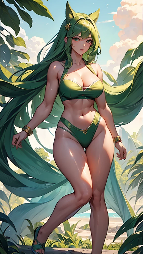 (masterpiece, 4K ,Super detailed:1.2), Dynamic posture, Strong women, Green Hair, Full body side view, View Viewer, Pure white background