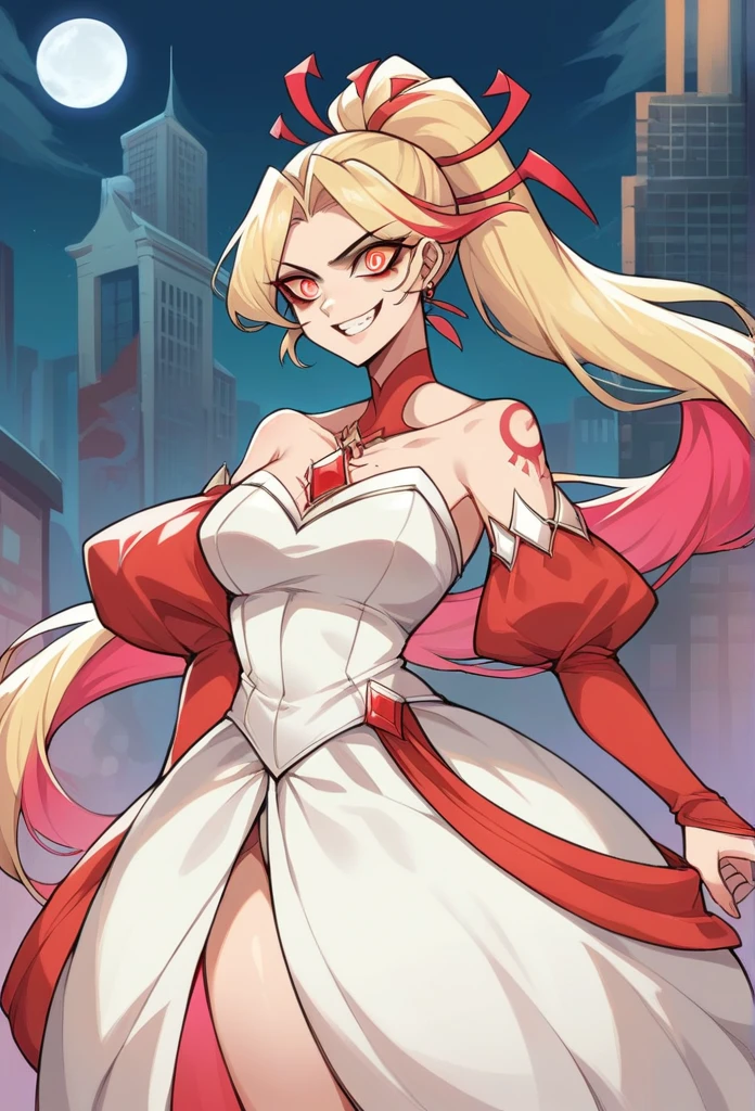 long hair, blonde hair, red dress, long dress, strapless dress, long white elbow gloves, smile, light red lipstick, eye shadow makeup , makeup, black choker, cowboy shot