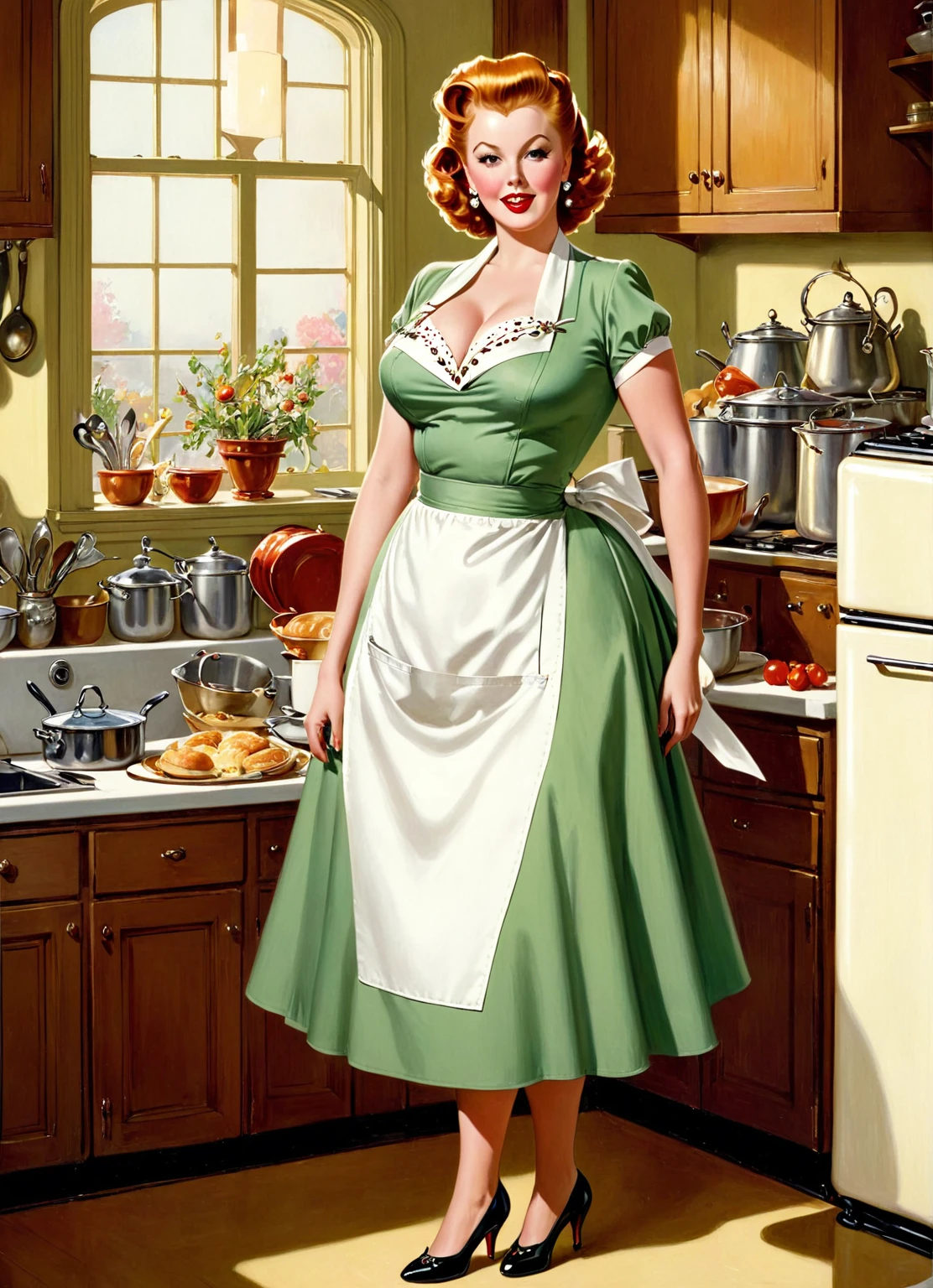 Full-length view, the busty Arlene Dahl, depicted as a buxom, curvy, plump mature lady with a pronounced hourglass figure, dressed in a housewife's attire with white strap apron stands on high heels in a kitchen preparing food, coloured drawing, inspired by the illustrations of Punch magazine around 1900, with influences of Victorian fashion and a style reminiscent of Gil Elvgren and Art Frahm, with intricate fashion details, incorporating the golden ratio, with dramatic lighting, ultra-fine, digital painting