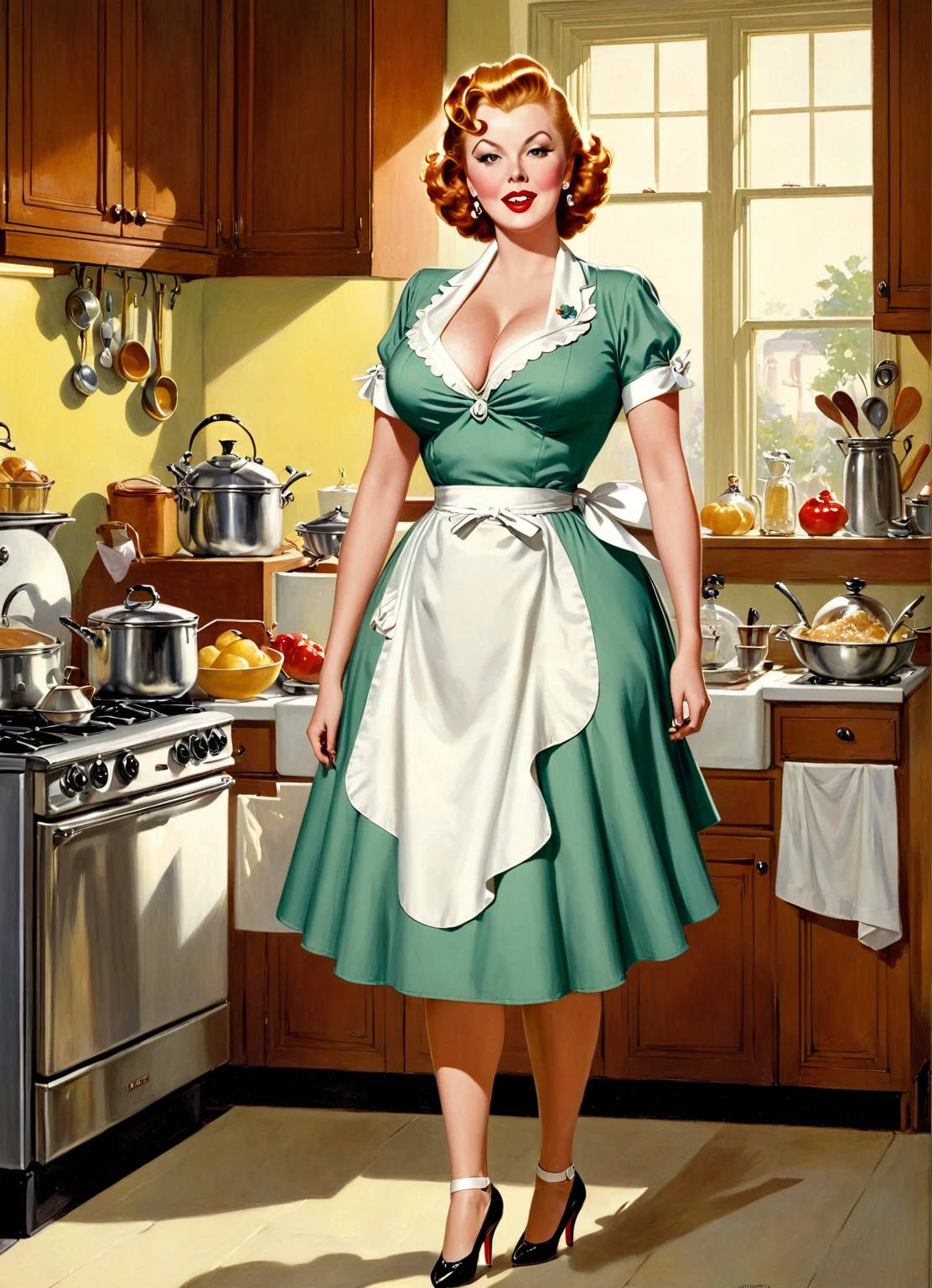 Full-length view, the busty Arlene Dahl, depicted as a buxom, curvy, plump mature lady with a pronounced hourglass figure, dressed in a housewife's attire with white strap apron stands on high heels in a kitchen preparing food, coloured drawing, inspired by the illustrations of Punch magazine around 1900, with influences of Victorian fashion and a style reminiscent of Gil Elvgren and Art Frahm, with intricate fashion details, incorporating the golden ratio, with dramatic lighting, ultra-fine, digital painting