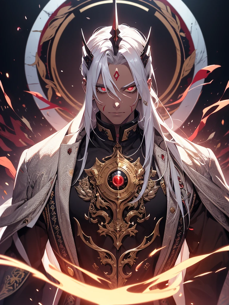 virtual_YouTuber, 1 boy,(absurd, A high resolution, ultra detailed), 1 man, , Beautiful, broad shoulders, evil, Glowing red eyes, blood, scary looks, Black skin, finely detailed eyes and a detailed face, art, occult, Vision Casting,  art, Alphonse Mucha, White background, Whole Body Up, facing forward,