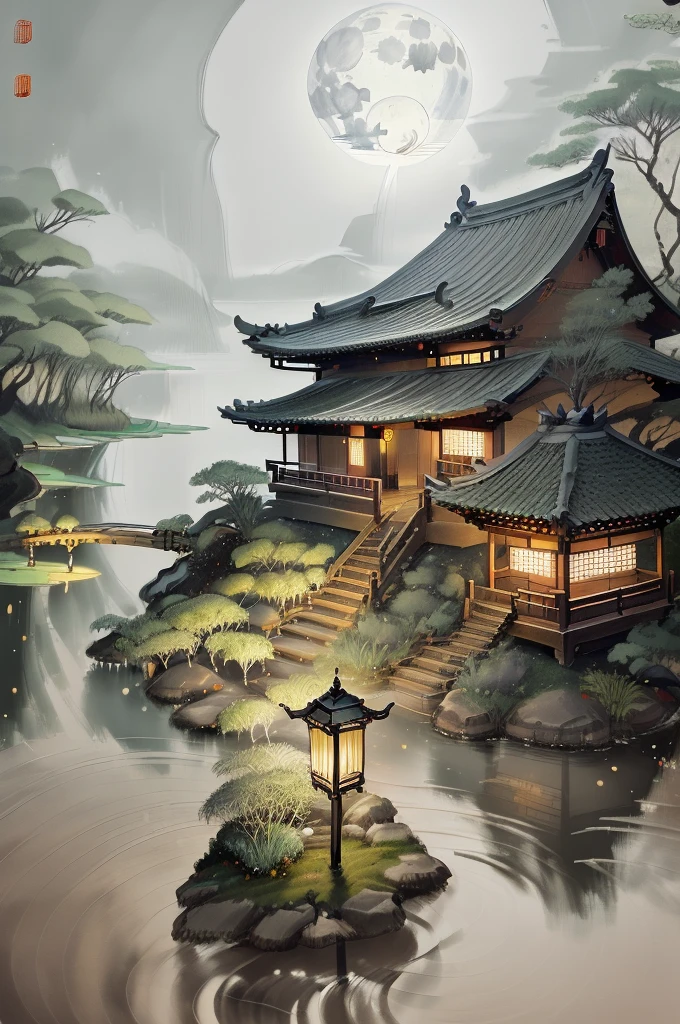 masterpiece,best quality,Chinese martial arts style,an Asian night scene with lanterns and water lilies,Asian pond with many lanterns and boatsa night scene with many lights and boats in the water, Lake surface, Lotusblumen,Beautiful Night Scene,(((Chinese martial arts style))), with wide sky, continuous mountains and steep cliffs, Ink wash style, Outline light, atmospheric atmosphere, depth of field, Fog rises, bamboo, Pine trees, achteckiger Steinpavillon, waterfall flowing water,big full moon,(No colour) , monochrome, bright color,