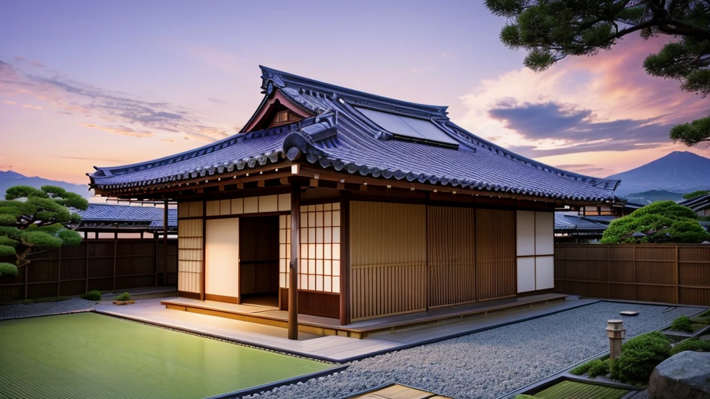 a Japanese house and in the background a purple sky