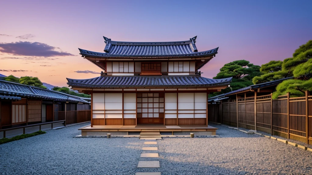 a Japanese house and in the background a purple sky 