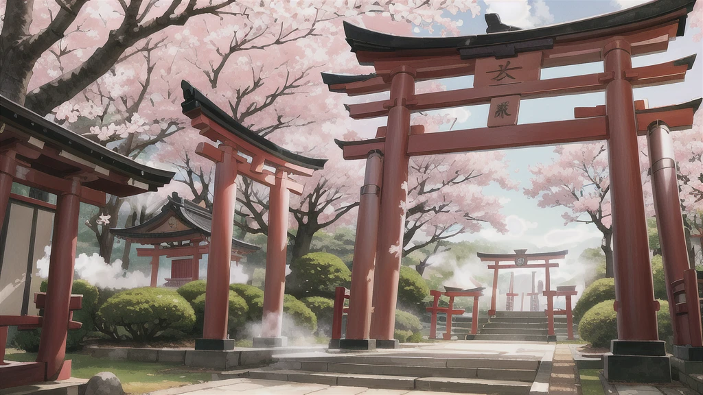 There is an open-air bath behind the shrine. Lots of steam, torii gate, cherry blossom tree, background only