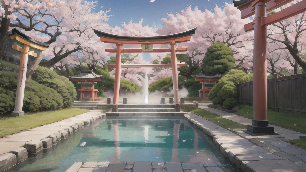 There is an open-air bath behind the shrine. Lots of steam, torii gate, cherry blossom tree, background only