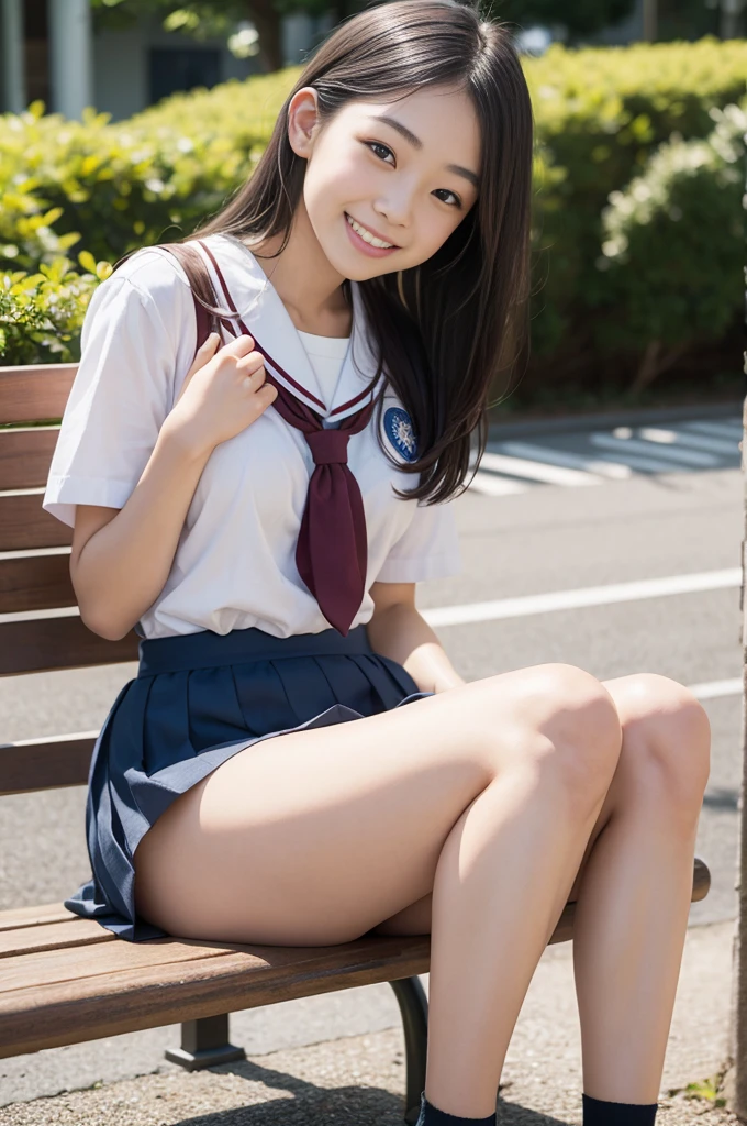 Pure Japanese school girl, sexual attractive, outstanding body, beautiful legs, wearing loose uniform, panty, sweet smile, sitting on bench, refreshing in early summer morning, composition from the front, 