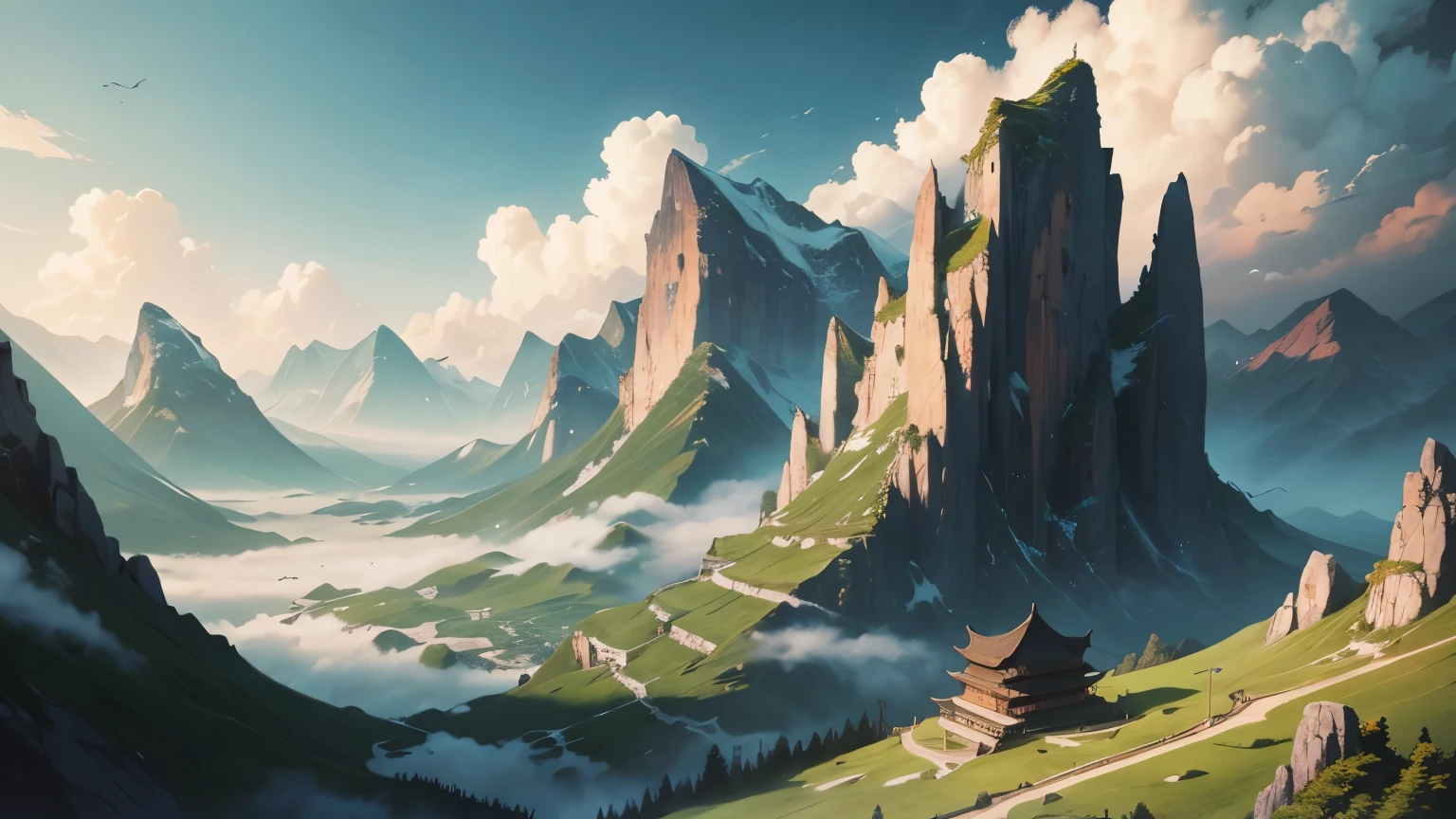 Paint a mountain landscape in summer, featuring detailed scenery, anime-style landscapes, Chinese landscapes, floating mountains, transformed landscapes, background art, anime landscape wallpaper, Chinese fantasy, scenic art, anime background art, landscape backgrounds, Chinese watercolor style, mist, anime nature, anime landscapes, and fantasy art landscapes.