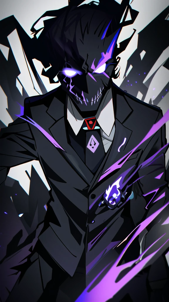 solo, tie, black suit, upper body, black pants, purple fire with blue details, skull with red smoke with gree  and blue details, blue fire on the skull, dark negative aura around, bloodthirsty look, purple pupils coming out smoke, holding a revolver, tie half blue half purple, one slit eye