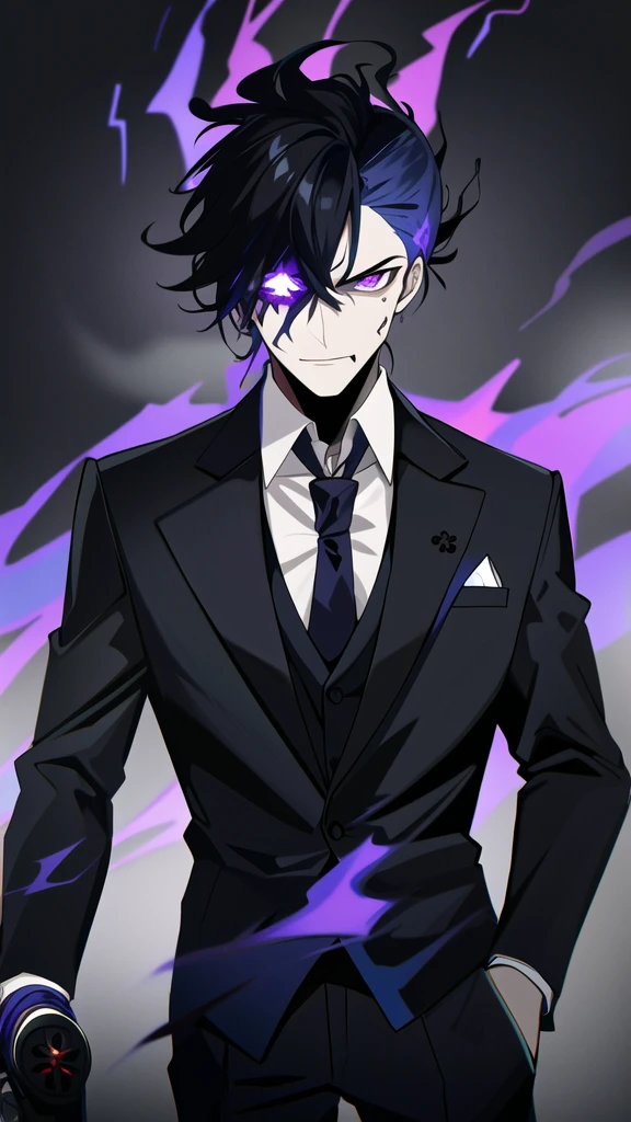 solo, tie, black suit, upper body, black pants, purple fire with blue details, skull with red smoke with gree  and blue details, blue fire on the skull, dark negative aura around, bloodthirsty look, purple pupils coming out smoke, holding a revolver, tie half blue half purple, one slit eye