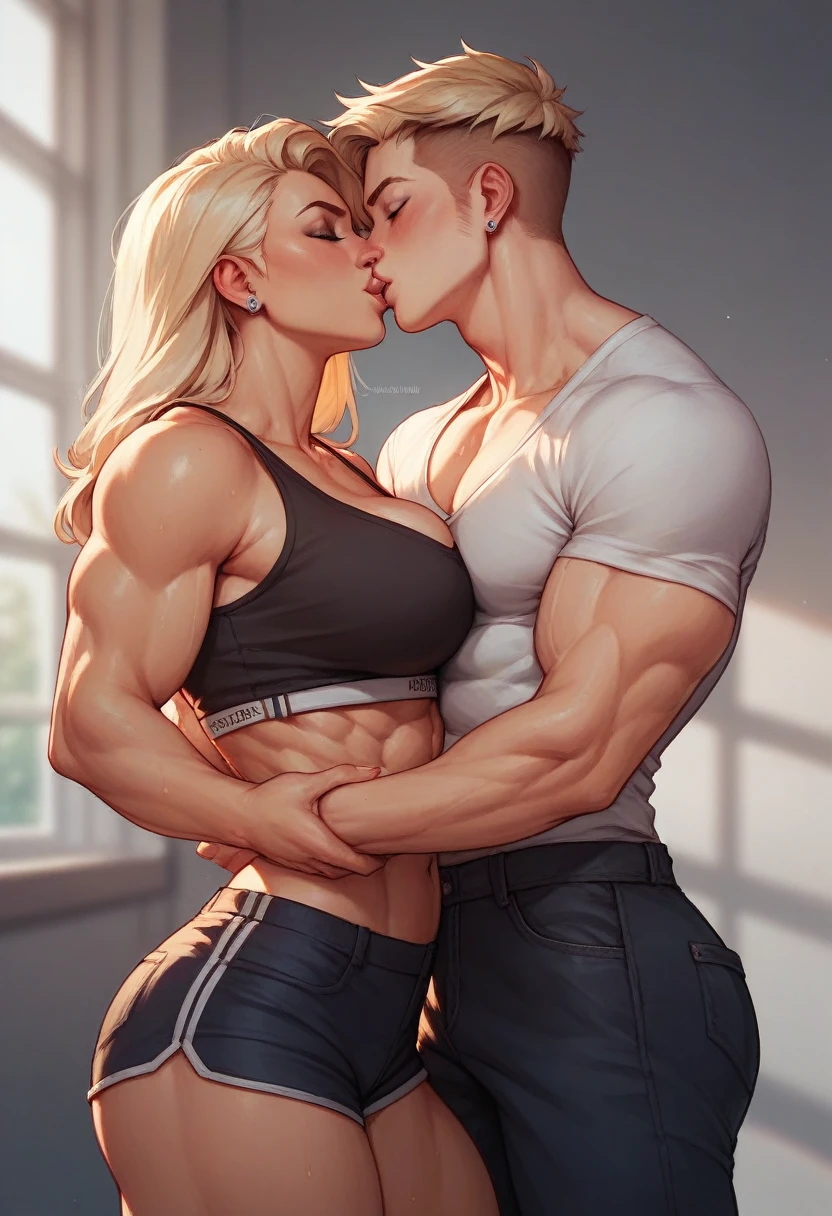 Tall thick strong muscular beauty woman with short pant standing and kissing skinny short young man