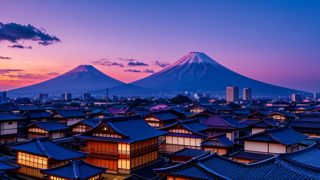 a Japanese setting with a purple sky in the background 