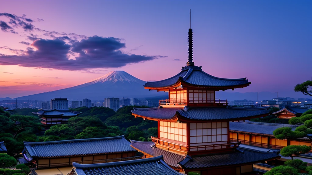 a Japanese setting with a purple sky in the background 