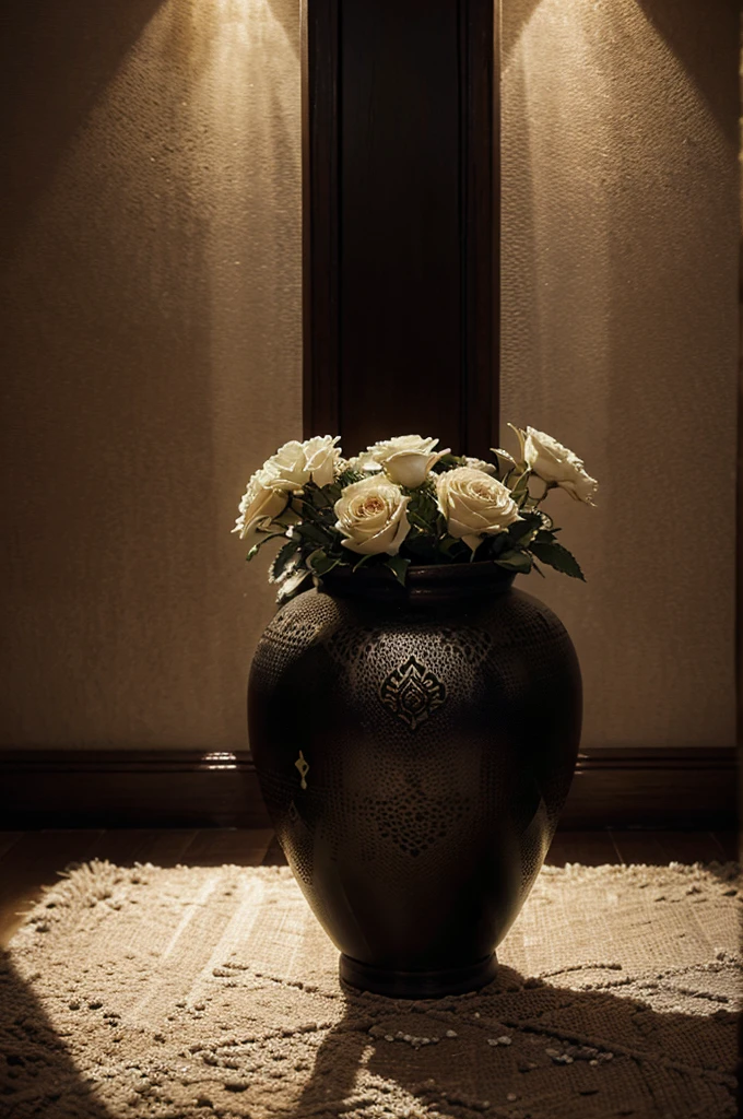 Oil painting depicting a vase of flowers, in an Islamic decor, high contrast, dramatic lighting, very textured brushstrokes