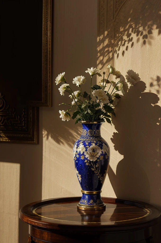 Oil painting depicting a vase of flowers, in an Islamic decor, high contrast, dramatic lighting, very textured brushstrokes