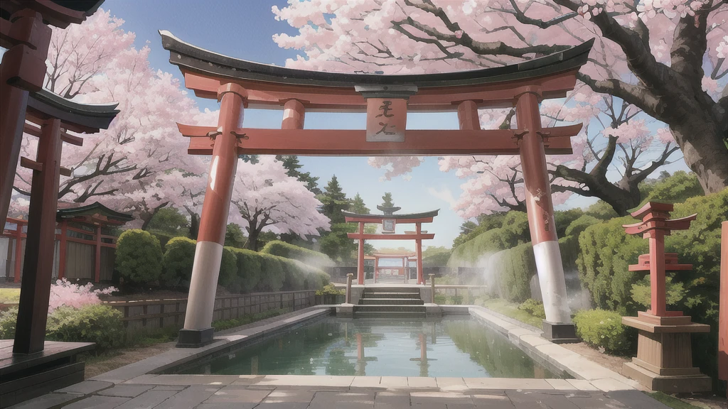 There is an open-air bath behind the shrine. Lots of steam, torii gate, cherry blossom tree, background only