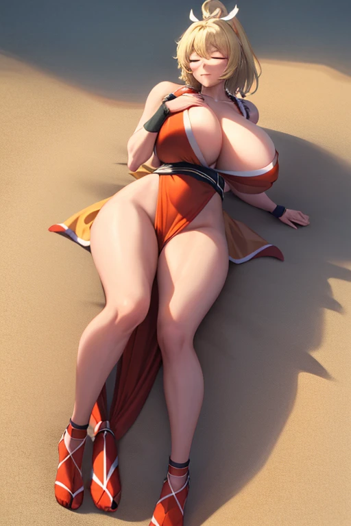 masterpiece, best quality, beautiful art, high resolution, well formed hands, body and fingers, 1 woman, solo, Mii, grown up, cosplaying as Mai Shiranui , adult, big breasted, cleavage full body, hair ribbon, gorgeous legs and, thighs, sexy Japanese clothes, hair ornament , sexy legs , hips and thighs, ryona,in peril, she is defeated, knocked out, passed out, closed eyes, exhausted, unconscious, laying down on the sand, extended exposed body, full body on the sand, breathing heavily, sexy smirk on her face, bouncing breasts, sexy defeated pose, defeat and KO scene, fallen beauty, martial arts tournament with beach environment ,