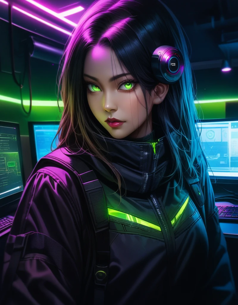 woman in a dark high-tech futuristic hacker outfit, upper body, detailed face, beautiful detailed eyes, beautiful detailed lips, extremely detailed eyes and face, long eyelashes, looking at viewer, solo, detailed background, sleek, neotech theme, high-tech futuristic hacker, advanced technology, techwear, keycard, holographic display, unauthorized, numbers, computer, floorplan, control panel in background, green lights, stealth, dark sinister atmosphere, (best quality,4k,8k,highres,masterpiece:1.2),ultra-detailed,(realistic,photorealistic,photo-realistic:1.37),HDR,UHD,studio lighting,ultra-fine painting,sharp focus,physically-based rendering,extreme detail description,professional,vivid colors,bokeh
