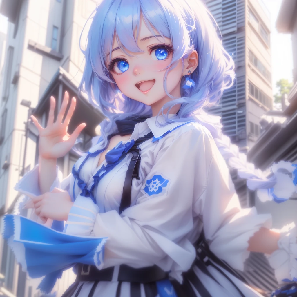 anime girl with blue eyes and white shirt waving in front of a building, , anime style. 8k, guweiz, artwork in the style of guweiz, anime style 4 k, guweiz on pixiv artstation, style anime, anime artstyle, young anime girl, portrait anime girl, lolipixiv style