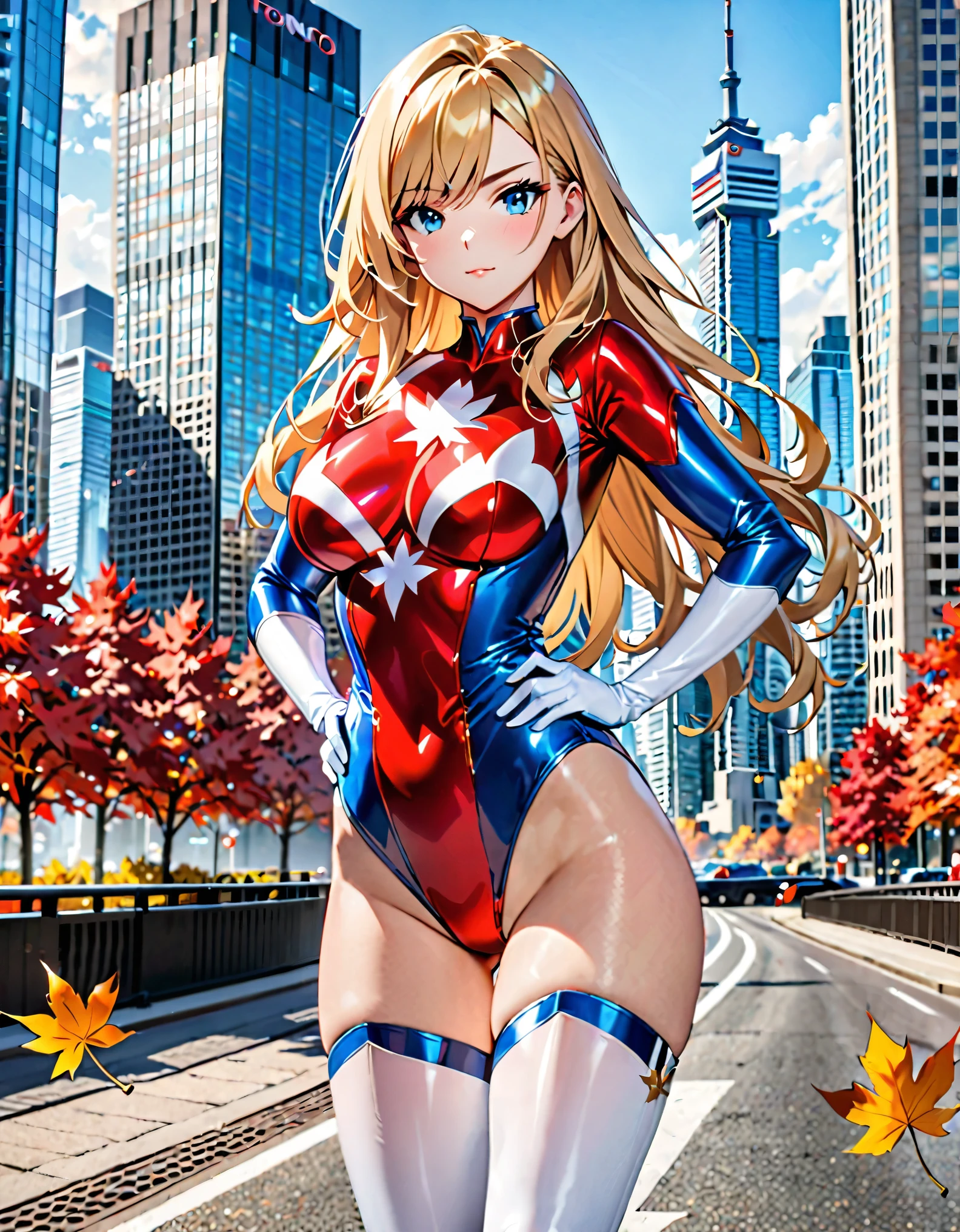 (masterpiece), (best quality), (high res), solo, solo focus, 1girl, belt, blonde hair, blue eyes, breasts, building, city, gloves, hand on hip, medium breasts, leotard, white and red leotard, (white maple leaf (symbol) on chest), long hair, looking at viewer, outdoors, skyscraper, thighhighs, thigh-high boots, white gloves, white boots. toronto backdrop, cowboy shot, full body costume design. superhero