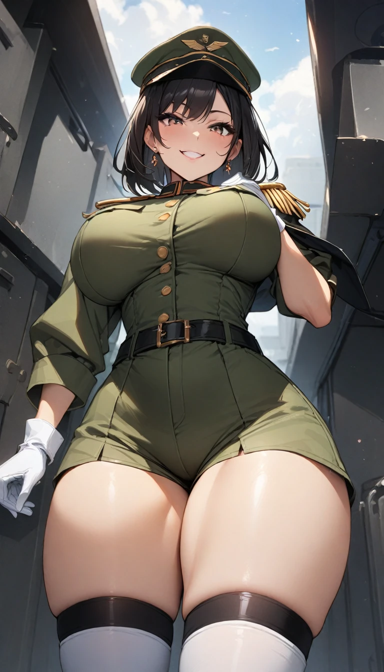 masterpiece, Highest quality, One girl, Are standing, alone, Big Breasts, Narrow waist, thick thighs ,white army uniform, military cap,Epaulettes, thigh boots, army uniform, army, uniform, belt, Shorts, boots, Earrings, jewelry, gloves, Knee socks, From below, ass pov, 邪悪なsmile, smile, Evil Face,, Mischievous face