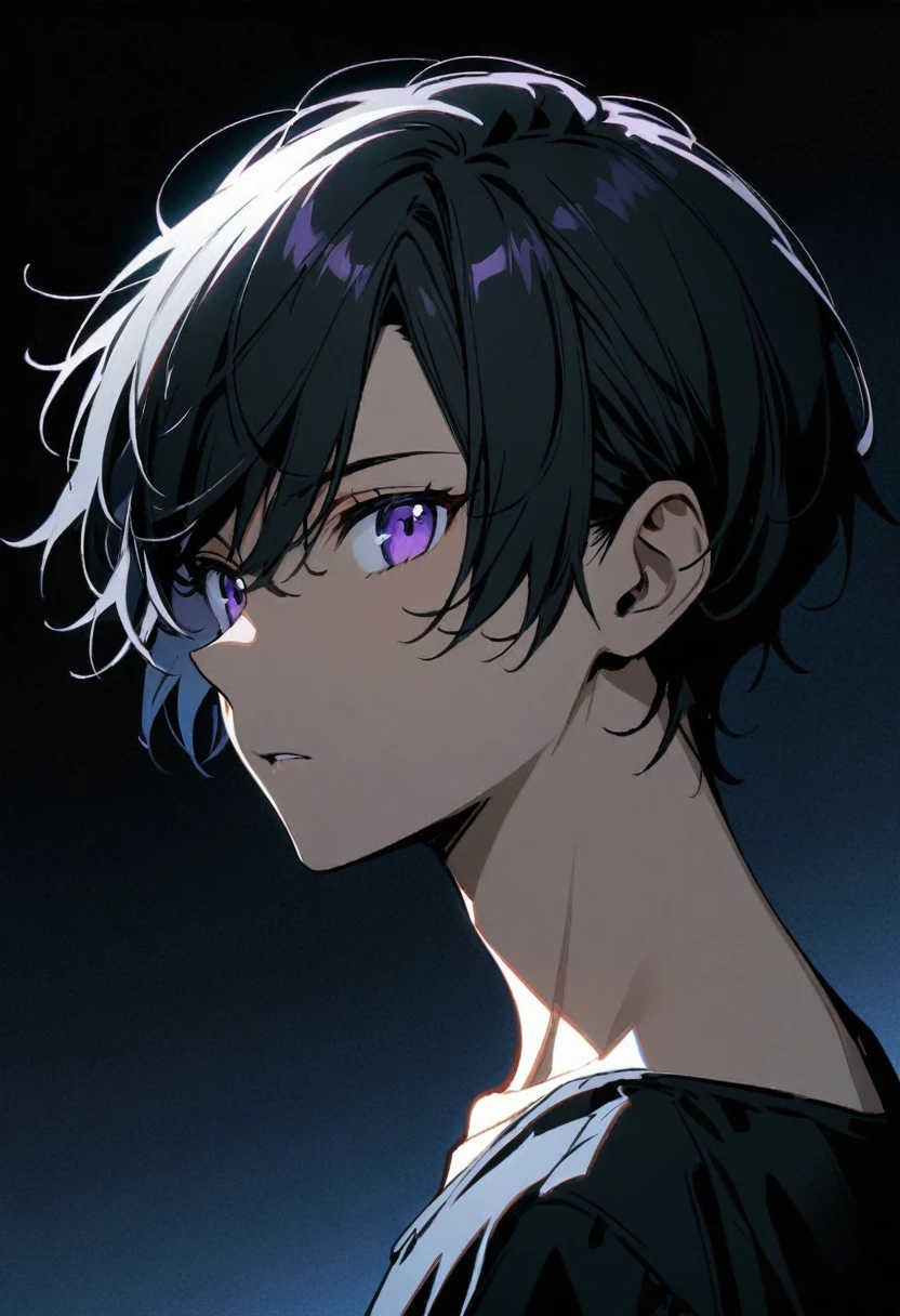 Beautiful, One, 1 man, short hair, black hair, purple eyes, black shirt, light tanned skin