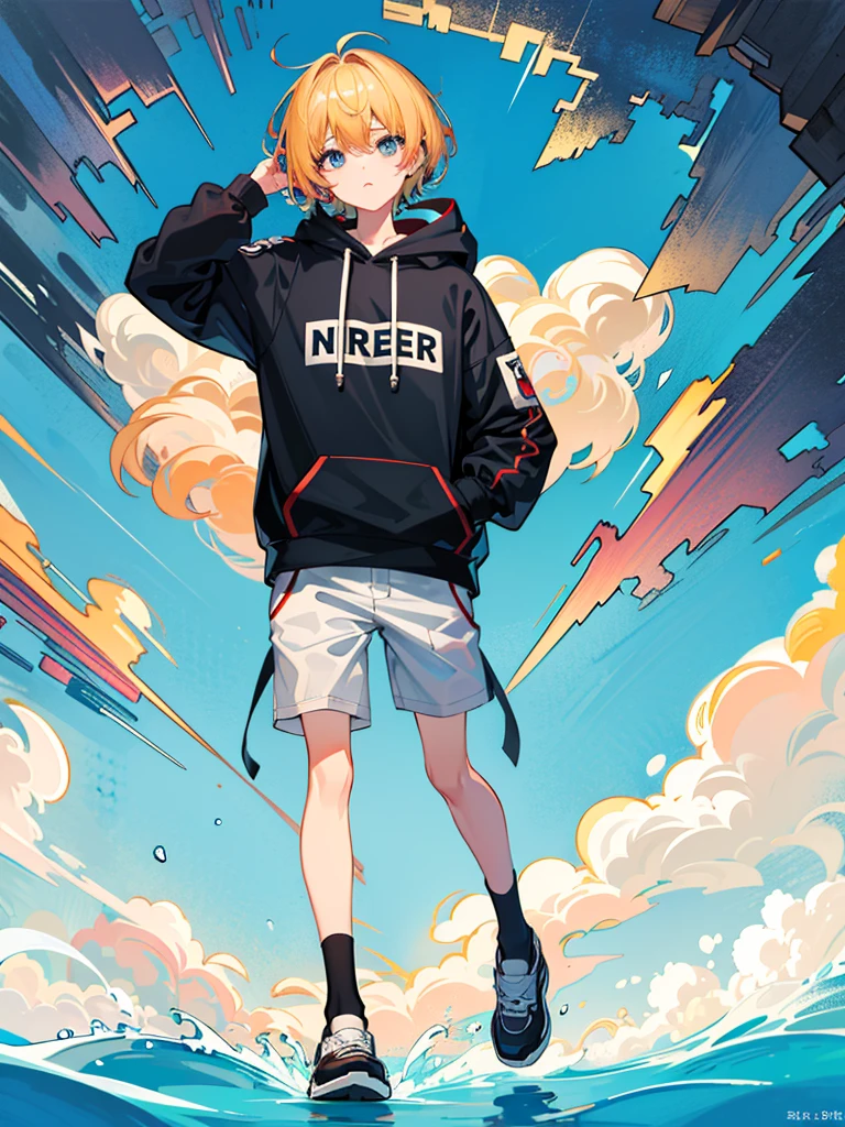 8K resolution、((top-quality))、((masterpiece))、((Ultra-detail))、1 man、solo、incredibly absurdness、Oversized hoodies、headphones、Street、plein air、Sateen、neons、Shortcut Hair、Brightly colored eyes、Hands in pockets、shortpants、water dripping、golden hair
