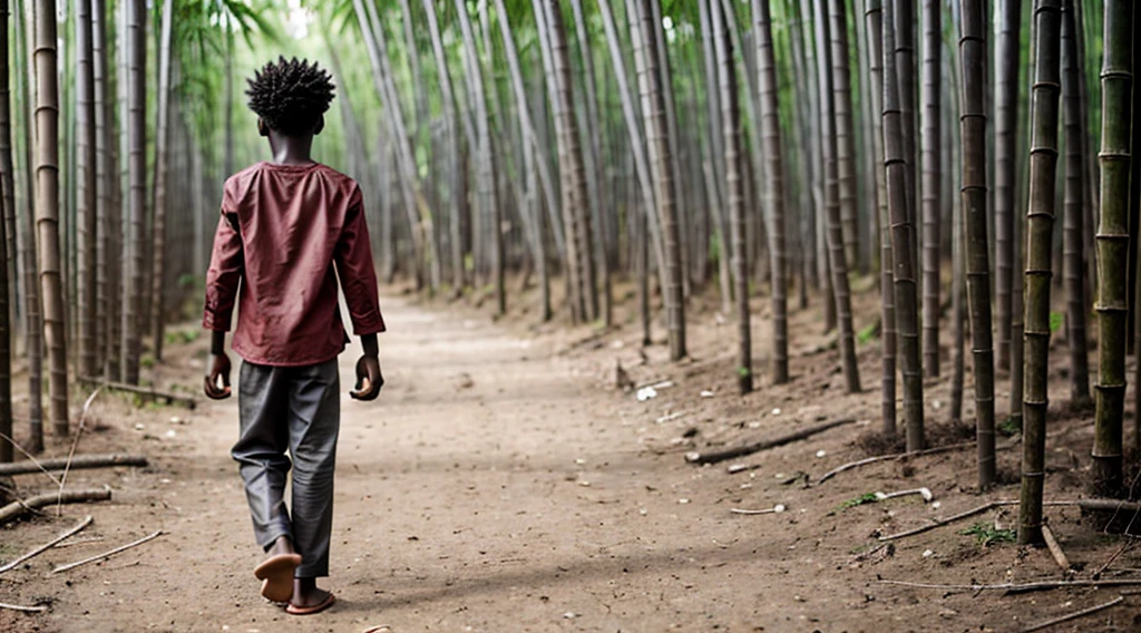 Image of a black male quilombola boy, - wears a faded dark gray long-sleeved shirt - no print - short curly hair - wears faded matte red pants - alone runs on the grass - DOES NOT wear shoes - bare feet - has his back to the camera alone inside the forest - narrow floor steps barefoot on the floor of the bamboo forest -