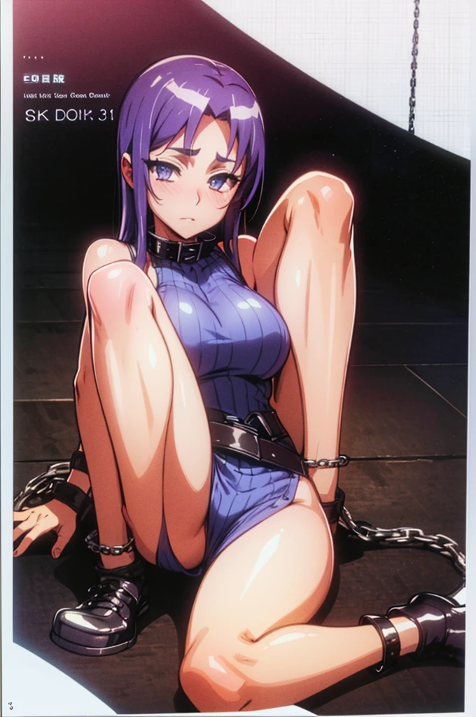 ((masterpiece,Highest quality,超High resolution,High resolution,8K,超High resolutionCG))Browsing Caution,Clear margins,Very beautiful woman in her 20s,Slim and beautiful body,very large droopy breasts,(1 person),(Picture from the waist up),Healthy Skin,Purple hair,Thin eyebrows,She pinned her hair behind one ear.,Super Long Hair,Cute eyes,Glare,A slightly shy face,Sleeveless turtleneck,Playing with a lover,i love you,Browsing Caution , Squirting,Collar with chain,Iron shackles with chains,Both hands are handcuffed,Estrus,M-shaped legs,Spread your legs,