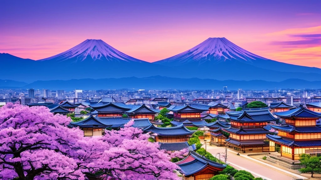 a Japanese setting with a purple sky in the background